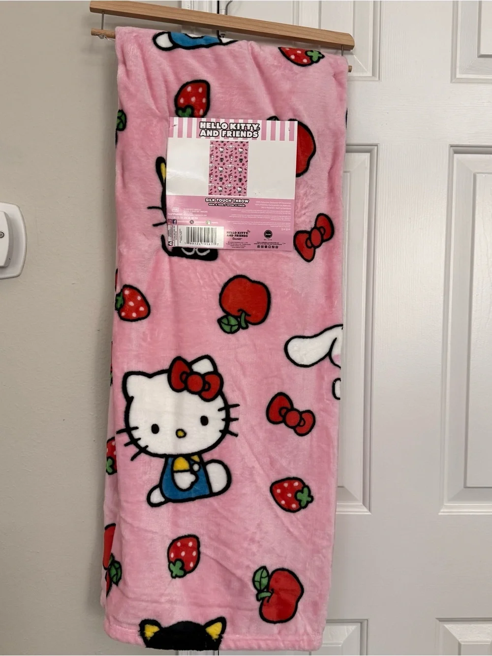 Hello Kitty Pink Plush Throw Blanket with Red Fruit & Bow Accents
